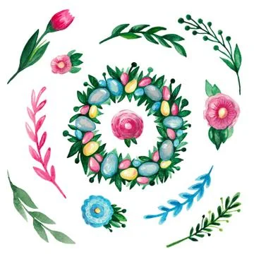 Easter set of watercolor elements Wreath eggs flowers branches on white isola 스톡 일러스트