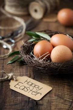 Easter setting - Easter eggs in a nest with olive branches and empty gift tag Stock Photos