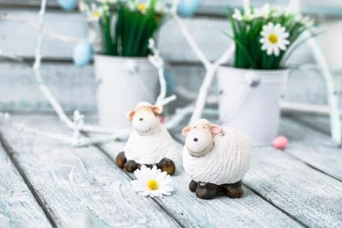 Easter. Sheep  on Easter table. Easter Egg in the Basket. Easter Decoration Stock Photos