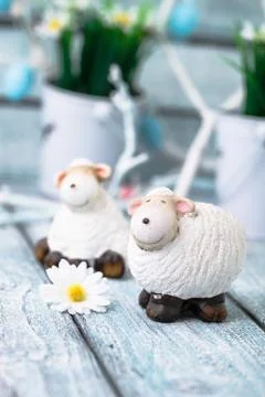 Easter. Sheep  on Easter table. Easter Egg in the Basket. Easter Decoration Stock Photos