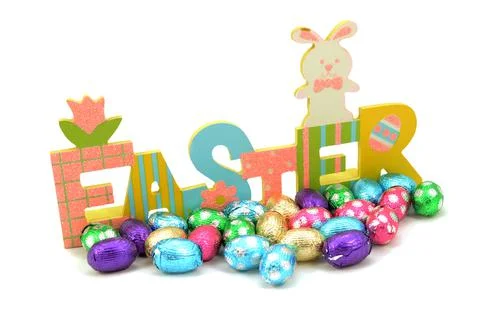 Easter Sign and Eggs Stock Photos