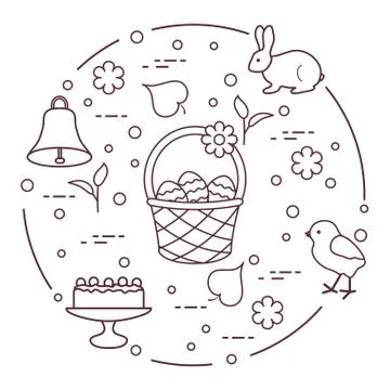 Easter. Simnel cake, basket, eggs, bell, chick. Illustrazione stock
