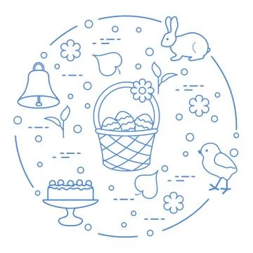 Easter. Simnel cake, basket, eggs, bell, chick. Illustrazione stock