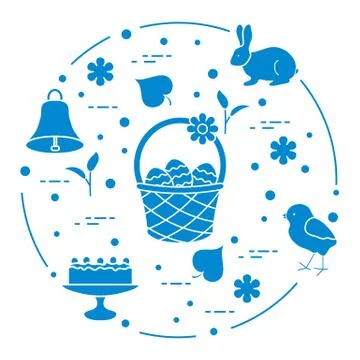 Easter. Simnel cake, basket, eggs, bell, chick. Illustrazione stock