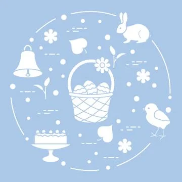 Easter. Simnel cake, basket, eggs, bell, chick. Illustrazione stock