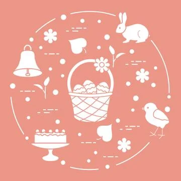 Easter. Simnel cake, basket, eggs, bell, chick. Stock Illustration