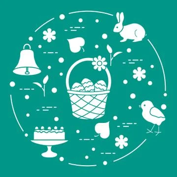 Easter. Simnel cake, basket, eggs, bell, chick. Illustrazione stock