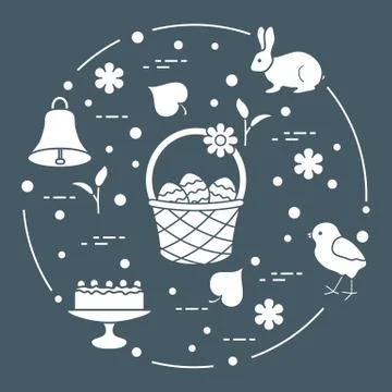 Easter. Simnel cake, basket, eggs, bell, chick. Stock Illustration