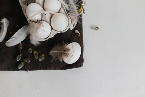 Easter simple aesthetics flat lay. Natural eggs in tray, feathers, willow b.. Stock Photos