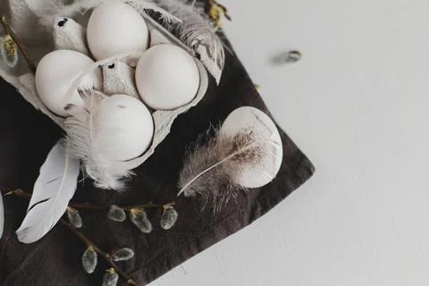 Easter simple aesthetics flat lay. Natural eggs in tray, feathers, willow b.. Stock Photos