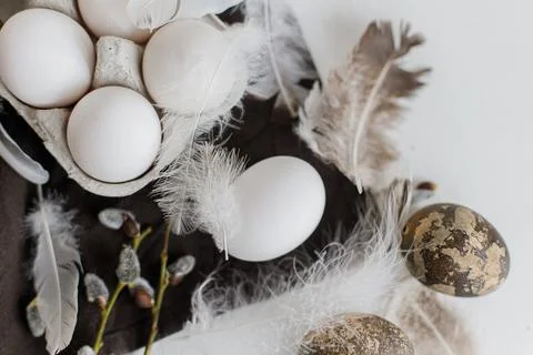 Easter simple aesthetics flat lay. Natural eggs in tray, feathers, willow b.. Stock Photos
