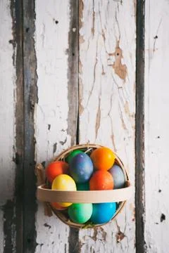 Easter: Simple Easter Basket Filled With Eggs With Copyspace Above Stock Photos