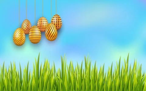Easter sky background with hanging decorated golden eggs and green grass. Stock Illustration