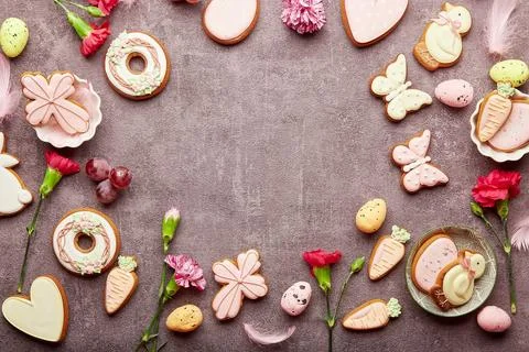 Easter spring background with copy space, decorated cookies, aster flowers Foto stock