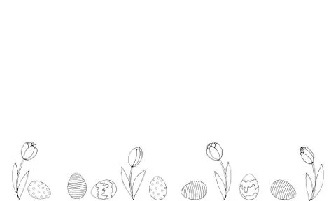 Easter spring background with growing contour flowers tulips and eggs on the  Stock Illustration