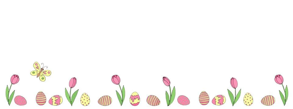 Easter spring background with growing flowers tulips and eggs on the bottom e Stock Illustration