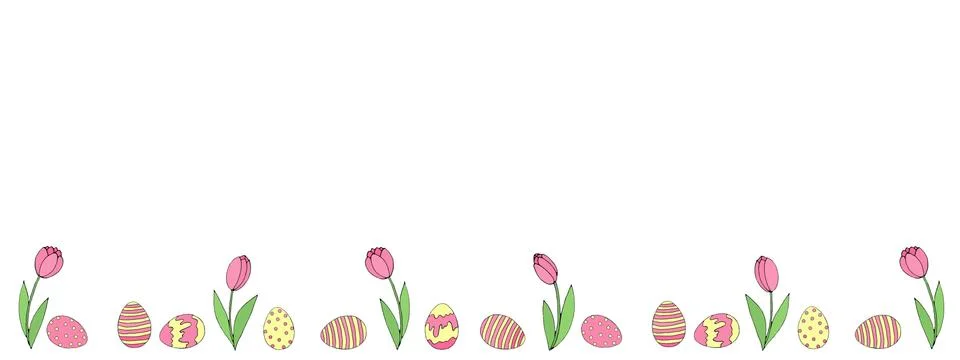Easter spring background with growing flowers tulips and eggs on the bottom e Stock Illustration