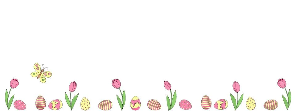 Easter spring background with growing flowers tulips and eggs on the bottom e Stock Illustration