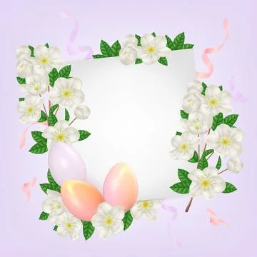 Easter spring background with realistic easter eggs and cherry blossoms Stock Illustration