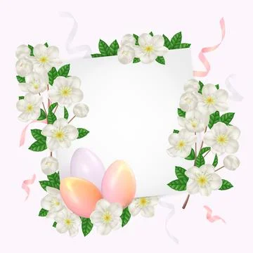 Easter spring background with realistic easter eggs and cherry blossoms Stock Illustration