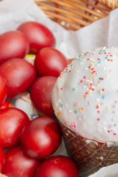 Easter spring cake with painted chicken eggs in a wicker basket Stock Photos
