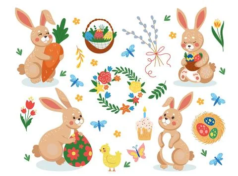 Easter. Spring celebration. Bunny hold cake, butterfly, basket with leaf and Stock Illustration