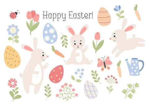 Easter spring collection. Cute rabbits, eggs, flowers, insects, plants and .. イラスト素材