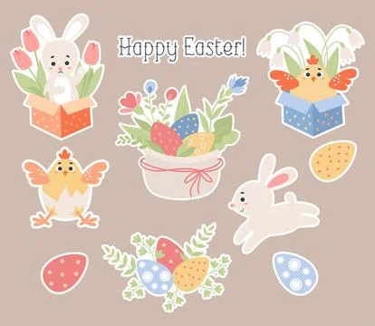 Easter Spring collection stickers. Cute paschal animals, bunny, chick, basket イラスト素材
