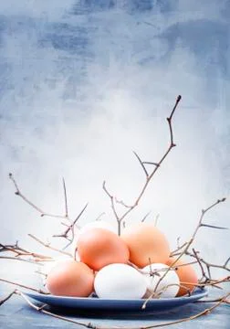 Easter spring composition with chicken eggs, gray background, selective focus Foto stock