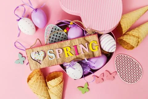 Easter Spring Concept. Flat Lay or Top View of Easter Eggs and Ice Cream Cone Stock Photos