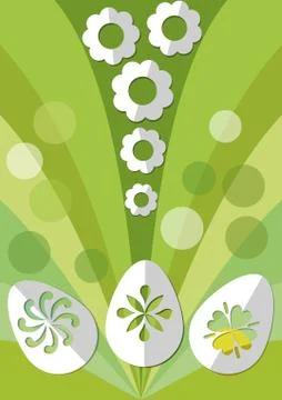 Easter spring decoration with paper cut egg and flowers on green background Stock Illustration