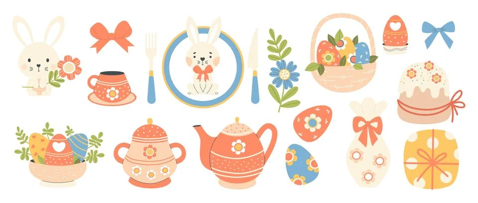 Easter spring decoration set. Cute holiday bunny with flower, paschal eggs,.. イラスト素材