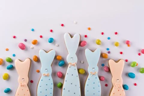 Easter spring decorative composition. Cookies in the shape of funny bunny Stock Photos