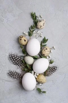 Easter spring decorative composition  with easter quail, chicken eggs Stock Photos