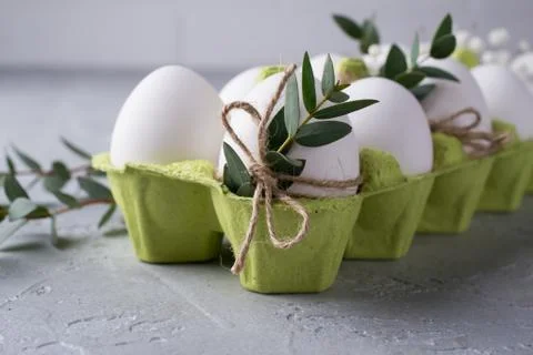 Easter spring decorative composition  with easter white chicken raw  eggs Stock Photos