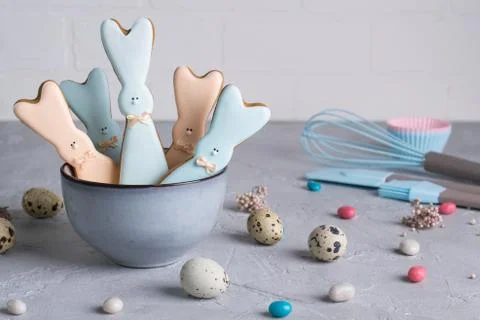 Easter spring decorative composition  with homemade easter cookies Stock Photos