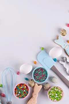 Easter spring decorative composition. Making homemade sugar cookies.  Biscuit Stock Photos