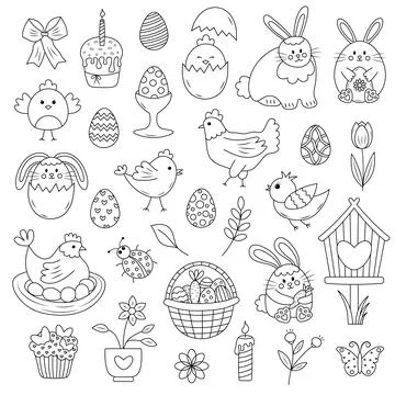 Easter spring doodle set. Happy Easter line icons. Cute items for coloring .. Stock Illustration