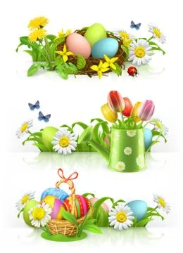 Easter, Spring flowers 3d vector banner set Stock Illustration