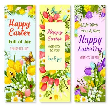 Easter spring flowers and eggs greeting banner set Stock Illustration