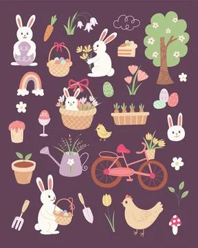 Easter spring garden vector element set. Cute flat bunny, chick, egg, flower and Stock Illustration