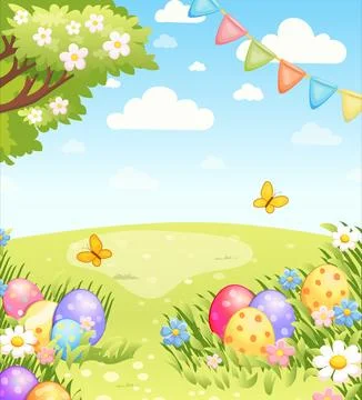 Easter Spring Landscape with Colorful Eggs and Flowers. Stock Illustration