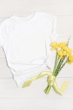 Easter spring mockup white t-shirt. Stock Photos