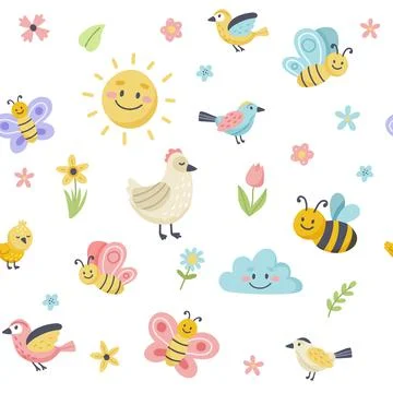 Easter spring pattern with cute birds, bees, butterflies. Hand drawn flat Stockillustratie