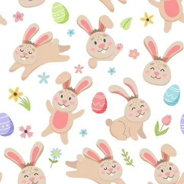 Easter spring pattern with cute bunnies, eggs, birds, bees, butterflies. Hand Stock Illustration