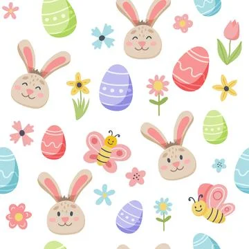 Easter spring pattern with cute bunny and decorated eggs. Hand drawn flat Illustrazione stock
