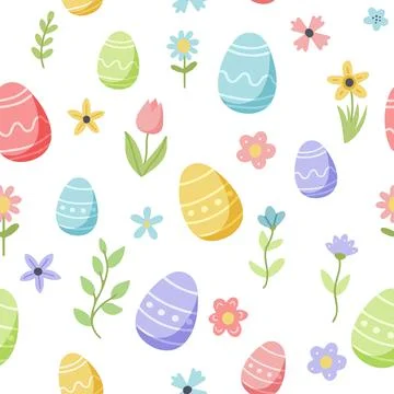 Easter spring pattern with cute eggs and flowers. Hand drawn flat cartoon Illustration