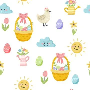 Easter spring pattern with cute eggs and flowers. Hand drawn flat cartoon Stock Illustration
