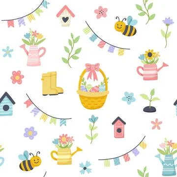Easter spring pattern with cute eggs, flowers, bees. Hand drawn flat cartoon Stock Illustration