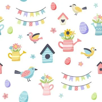 Easter spring pattern with cute eggs, birds and flowers. Hand drawn flat cartoon Stock Illustration